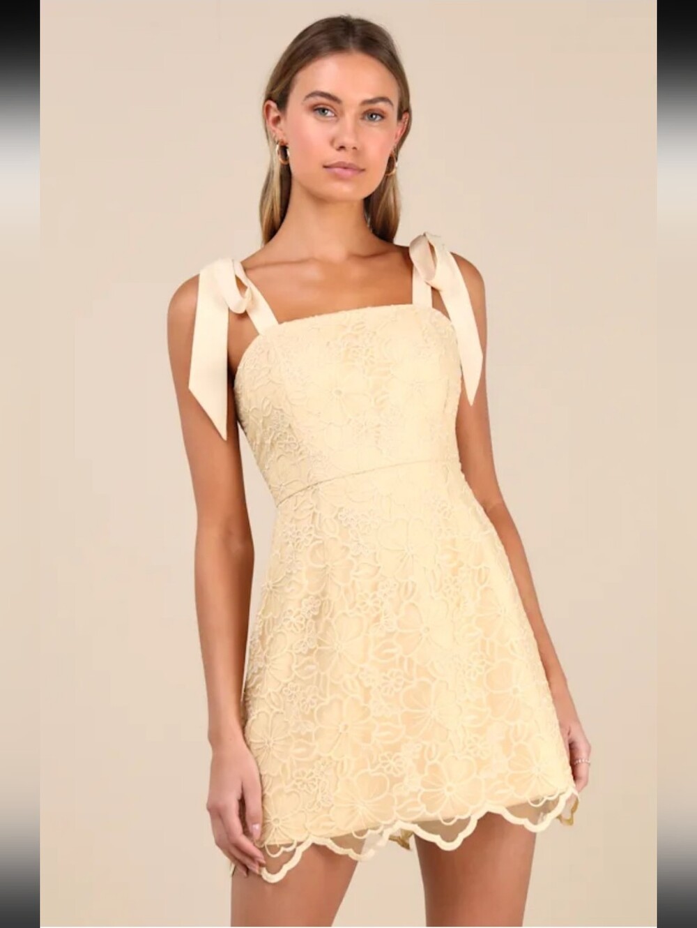 Lulus Lovable Aesthetic Light Yellow Embroidered Tie-Strap Mini Dress